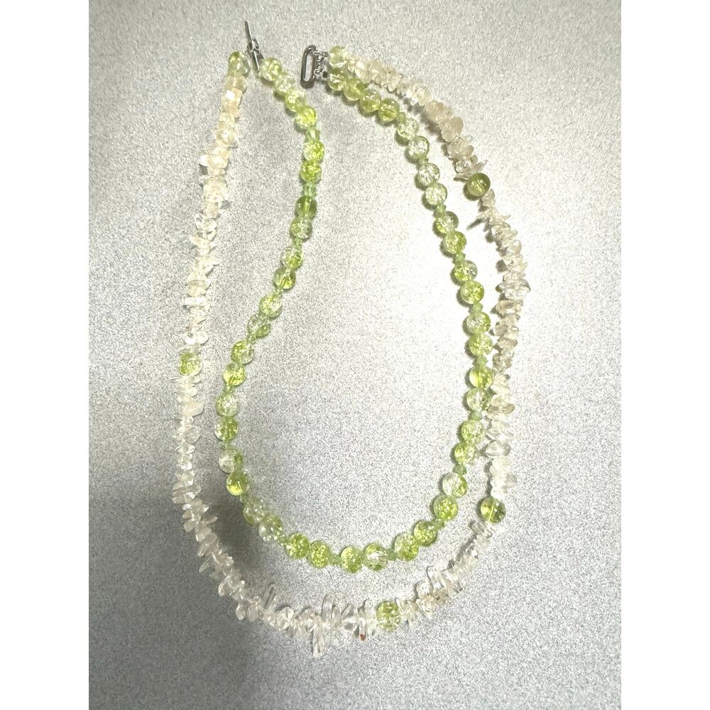 Necklace Vintage Peridot green beads  and clear quartz chips 2 strand cracked